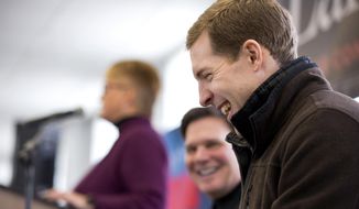 Democratic candidate Conor Lamb laughs during a rally with the United Mine Workers of America, Sunday, March 11, 2018, at the Greene County Fairgrounds in Waynesburg, Pa. Lamb is running against state Rep. Rick Saccone for Pennsylvania&#39;s 18th Congressional District in a special election on Tuesday. (Antonella Crescimbeni/Pittsburgh Post-Gazette via AP)