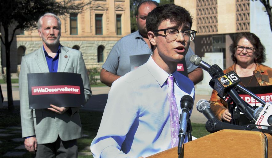 High school junior Jordan Harb, of Mesa, Ariz., speaks during a news conference at the state Capitol in Phoenix, Monday, March 12, 2018. Harb spoke out about stalled gun legislation and a planned walkout by students designed to highlight the Republican-led Legislature's inaction on gun safety measures. (AP Photo/Bob Christie)