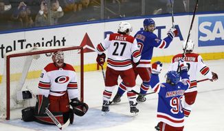 Carolina Hurricanes goaltender Scott Darling (33) reacts as New York Rangers center Vladislav Namestnikov (90), of Russia, and left wing Chris Kreider (20) celebrate Namestnikov&#39;s power play goal during the second period of an NHL hockey game in New York, Monday, March 12, 2018. Hurricanes defenseman Justin Faulk (27) and left wing Joakim Nordstrom (42), of Sweden, look on. (AP Photo/Kathy Willens)