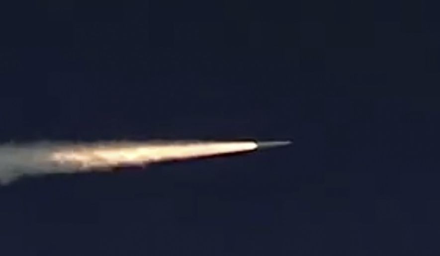 In this photo made from the footage taken from Russian Defense Ministry official web site on Sunday, March 11, 2018, a Russia&#x27;s Kinzhal hypersonic missile flies during a test in southern Russia. The Russian military says it has run a successful test of the Kinzhal missile, that President Vladimir Putin cited among several other new nuclear weapons that would bolster the nation&#x27;s military capability. (AP Photo/ Russian Defense Ministry Press Service, File)
