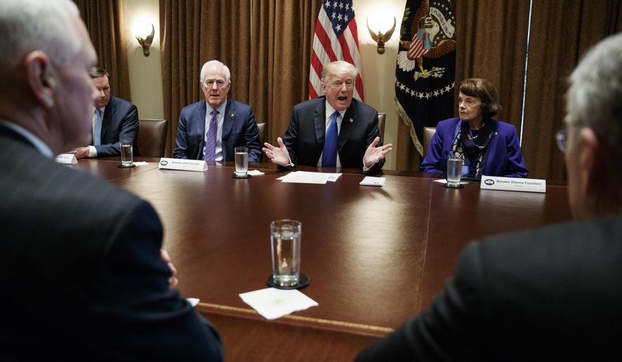 In this Feb. 28, 2018, file photo, President Donald Trump speaks in the Cabinet Room of the White House, in Washington, during a meeting with members of Congress to discuss school and community safety. With the president from left, Vice President Mike Pence, Sen. Chris Murphy, D-Conn., Sen. John Cornyn, R-Texas,, the president, Sen. Dianne Feinstein, D-Calif., and Sen. Chuck Grassley, R-Iowa. Not two weeks ago, Trump scolded a Republican senator for being “afraid of the NRA” and declared that he would stand up to the powerful gun lobby and finally get results on quelling gun violence. Now Trump is striking a very different tone as he backpedals from his earlier demands for sweeping reforms. (AP Photo/Carolyn Kaster, File)