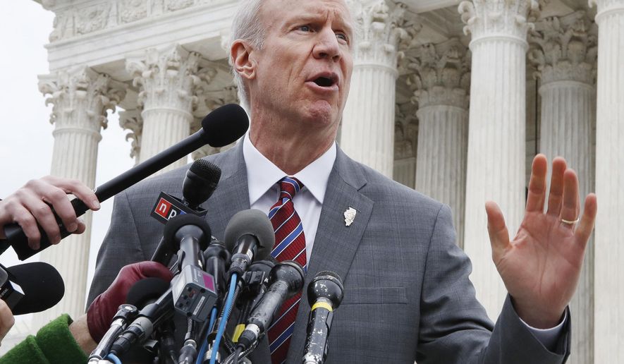 FILE - In this Monday, Feb. 26, 2017, file photo, Illinois Governor Bruce Rauner speaks to the media outside the Supreme Court, in Washington. Gov. Rauner plans to veto legislation that would require gun retailers to be licensed by the state of Illinois. Rauner spokeswoman Rachel Bold says the governor will veto the measure Tuesday, March 13, 2018, a week before the state's primary election in which the Republican faces a challenge from state Rep. Jeanne Ives. Chicago Mayor Rahm Emanuel backed the measure. He says Rauner is putting the primary election ahead of his responsibility for public safety. (AP Photo/Jacquelyn Martin, File)