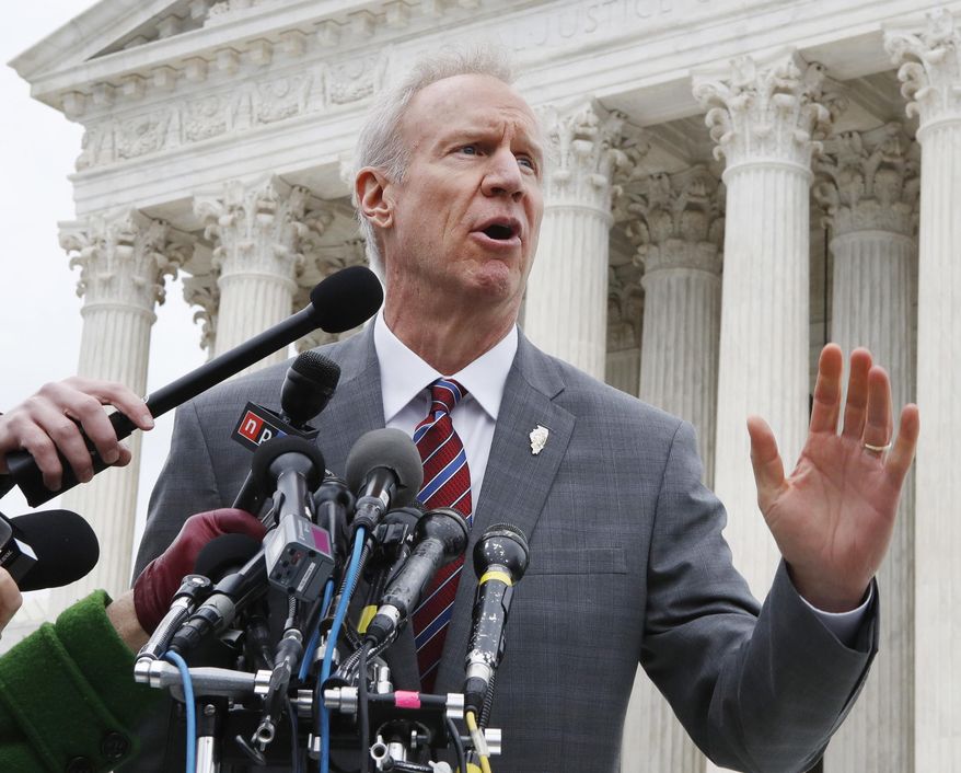 FILE - In this Monday, Feb. 26, 2017, file photo, Illinois Governor Bruce Rauner speaks to the media outside the Supreme Court, in Washington. Gov. Rauner plans to veto legislation that would require gun retailers to be licensed by the state of Illinois. Rauner spokeswoman Rachel Bold says the governor will veto the measure Tuesday, March 13, 2018, a week before the state's primary election in which the Republican faces a challenge from state Rep. Jeanne Ives. Chicago Mayor Rahm Emanuel backed the measure. He says Rauner is putting the primary election ahead of his responsibility for public safety. (AP Photo/Jacquelyn Martin, File)