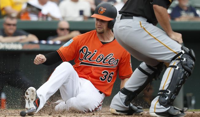 FILE - In this March 2, 2018, file photo, Baltimore Orioles' Caleb Joseph scores on a two-run single by Trey Mancini in the fourth inning of a spring training baseball game against the Pittsburgh Pirates, in Sarasota, Fla. Two years ago, Orioles catcher Caleb Joseph went through an entire season without an RBI. He rebounded last season, and now he's working as a starting catcher for the first time in his career.(AP Photo/John Minchillo, File)