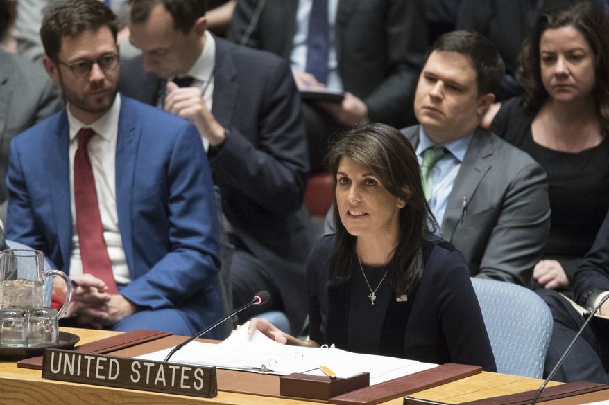 U.S. Ambassador to the United Nations Nikki Haley speaks during a Security Council meeting on the situation between Britain and Russia, Wednesday, March 14, 2018 at United Nations headquarters. Britain said Wednesday it would expel 23 Russian diplomats and sever high-level bilateral contacts after Russia ignored a deadline to explain how a Soviet-developed nerve agent was used against ex-spy Sergei Skripal and his daughter Yulia. (AP Photo/Mary Altaffer)