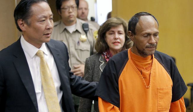In this July 7, 2015, file photo, Jose Ines Garcia Zarate, right, is led into the courtroom by San Francisco Public Defender Jeff Adachi, left, and Assistant District Attorney Diana Garciaor, center, for his arraignment at the Hall of Justice in San Francisco. Garcia Zarate, a homeless undocumented immigrant acquitted of killing Kate Steinle on a San Francisco pier, was scheduled to be sentenced on a lesser gun charge Friday, Jan. 5, 2018. (Michael Macor/San Francisco Chronicle via AP, Pool, File)
