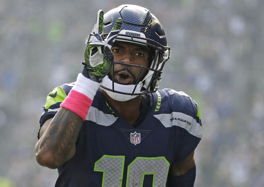 FILE - In this Oct. 29, 2017, file photo, Seattle Seahawks wide receiver Paul Richardson celebrates in the first half of an NFL football game after scoring his second touchdown against the Houston Texans, in Seattle. The Washington Redskins have signed former Seattle Seahawks wide receiver Paul Richardson.The team announced the deal Thursday, March 15, 2018, about 20 hours into NFL free agency.(AP Photo/Elaine Thompson, File)