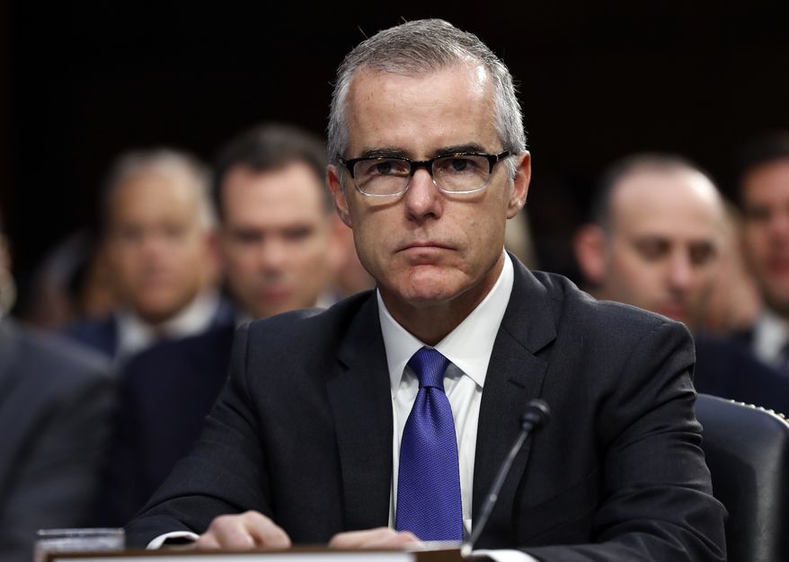 FILE - In this June 7, 2017 file photo, acting FBI Director Andrew McCabe appears before a Senate Intelligence Committee hearing about the Foreign Intelligence Surveillance Act on Capitol Hill in Washington. Attorney General Jeff Sessions said Friday, March 16, 2018, that he has fired former FBI Deputy Director McCabe, a longtime and frequent target of President Donald Trump&#x27;s anger, just two days before his scheduled retirement date. (AP Photo/Alex Brandon, File)