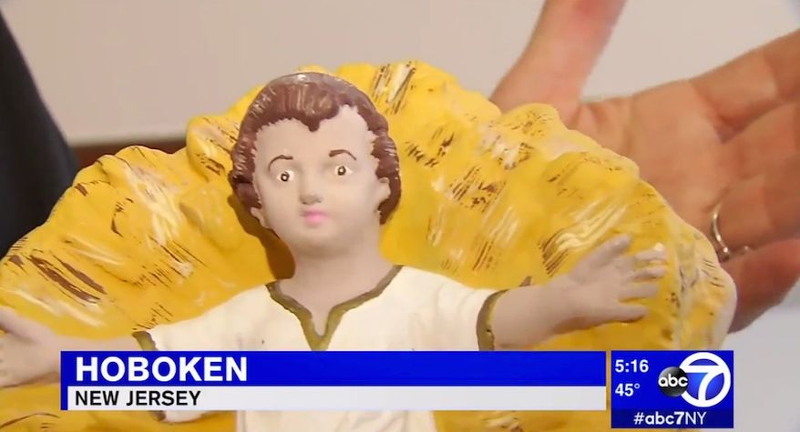 A statue of Jesus Christ that was taken from a nativity display in Hoboken, New Jersey, was returned after nearly 90 years, March 14, 2018. A parishioner at Our Lady of Grace Church said that it felt like a "lost child coming home." (Image: ABC-7 New York screenshot)