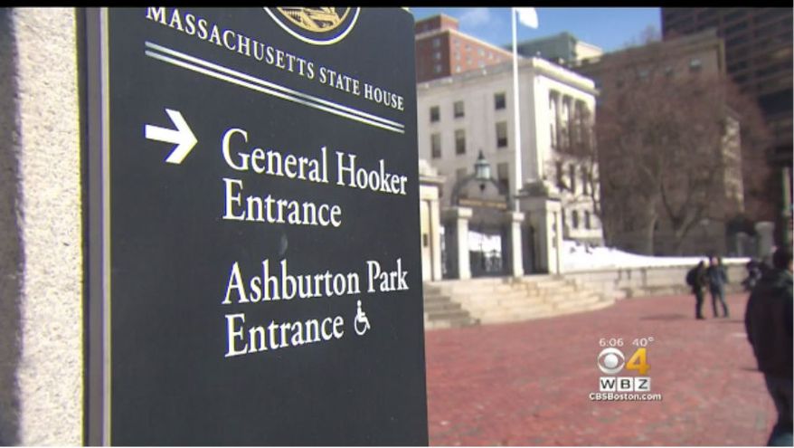 In this screen capture from a WBZ news story, a sign outside the Massachusetts State House directing pedestrians to the Joseph Hooker Entrance. A state lawmaker, Rep. Michelle DuBois, Brockton Democrat, says the signs are offensive and should either be removed or renamed to include the Civil War hero's first name, Joseph. (WBZ/CBSBoston).