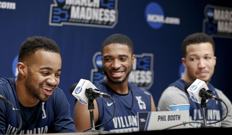 Villanova&#39;s Jalen Brunson, right, Mikal Bridges, center, and Phil Booth, left, chuckle as they take questions during a news conference at the NCAA men&#39;s college basketball tournament, Friday, March 16, 2018, in Pittsburgh. Villanova faces Alabama in a second-round game on Saturday. (AP Photo/Keith Srakocic)