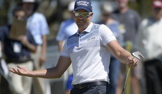 Henrik Stenson, of Sweden, reacts after missing a putt on the second green during the third round of the Arnold Palmer Invitational golf tournament, Saturday, March 17, 2018, in Orlando, Fla. (AP Photo/Phelan M. Ebenhack)