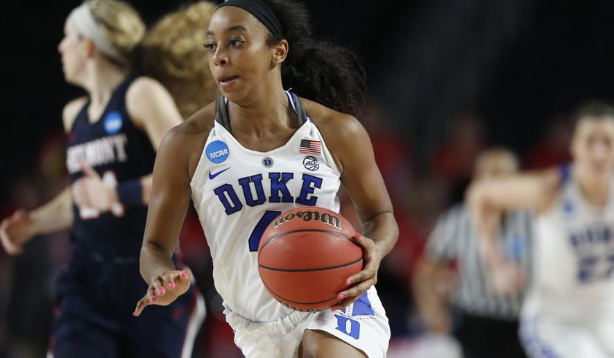Duke guard Lexie Brown moves the ball down the court against Belmont during the second half of a first-round game in the NCAA women&#39;s college basketball tournament in Athens, Ga., Saturday, March. 17, 2018. Duke won 72-58. (AP Photo/Joshua L. Jones)