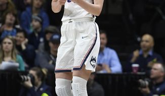 Connecticut&#x27;s Katie Lou Samuelson (33) reacts at the end of the first half of a first-round game against Saint Francis (Pa.)  in the NCAA women&#x27;s college basketball tournament in Storrs, Conn., Saturday, March 17, 2018. UConn has set the NCAA all-time record for points in a half with 94. (AP Photo/Jessica Hill)