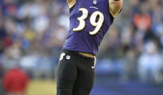 File-This Dec. 3, 2017, file photo shows Baltimore Ravens running back Danny Woodhead making a catch in the second half of an NFL football game against the Detroit Lions, in Baltimore.  Woodhead has announced his retirement from the NFL after 10 seasons. Woodhead, who played with Baltimore last season, wrote in an Instagram post early Saturday, march 17, 2018, that it is time for him to leave the game he loves. The 5-foot-8 Woodhead was a two-time Harlon Hill Trophy winner at Chadron State in Nebraska as the top player in NCAA Division II. Despite his college success, he went undrafted in 2008 and signed with the New York Jets as a free agent. (AP Photo/Gail Burton, File)