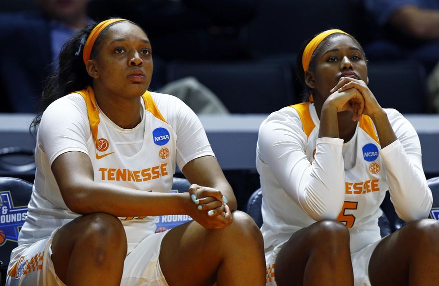 Tennessee center Kasiyahna Kushkituah, left, and center Kamera Harris watch during the second half of a second-round game against Oregon State in the NCAA women's college basketball tournament Sunday, March 18, 2018, in Knoxville, Tenn. Oregon State won 66-59. (AP Photo/Wade Payne)