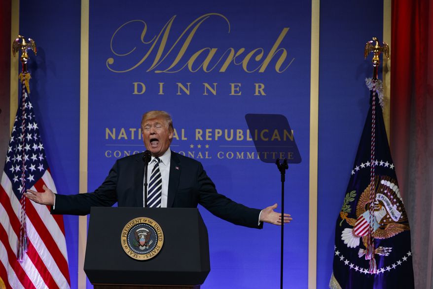 President Donald Trump speaks to the National Republican Congressional Committee March Dinner at the National Building Museum, Tuesday, March 20, 2018, in Washington. (AP Photo/Evan Vucci)