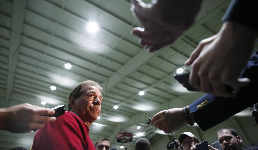 Alabama coach Nick Saban speaks to the media during Alabama's Pro Day, Wednesday, March 7, 2018, in Tuscaloosa, Ala. The event is to showcase players for the upcoming NFL football draft. (AP Photo/Brynn Anderson)