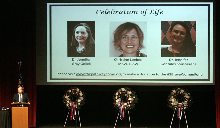 Yountville Mayor John Dunbar speaks at a Celebration of Life service, Monday, March 19, 2018, in Yountville, Calif., in remembrance of Dr. Jennifer Gray Golick, Christine Loeber and Dr. Jennifer Gonzales Shushereba and her unborn child, who were all killed by a combat veteran earlier in the month at The Pathway Home building. (J.L. Sousa/The Napa Valley Register via AP)