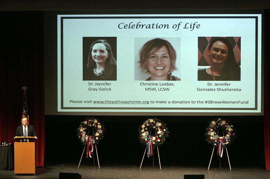Yountville Mayor John Dunbar speaks at a Celebration of Life service, Monday, March 19, 2018, in Yountville, Calif., in remembrance of Dr. Jennifer Gray Golick, Christine Loeber and Dr. Jennifer Gonzales Shushereba and her unborn child, who were all killed by a combat veteran earlier in the month at The Pathway Home building. (J.L. Sousa/The Napa Valley Register via AP)