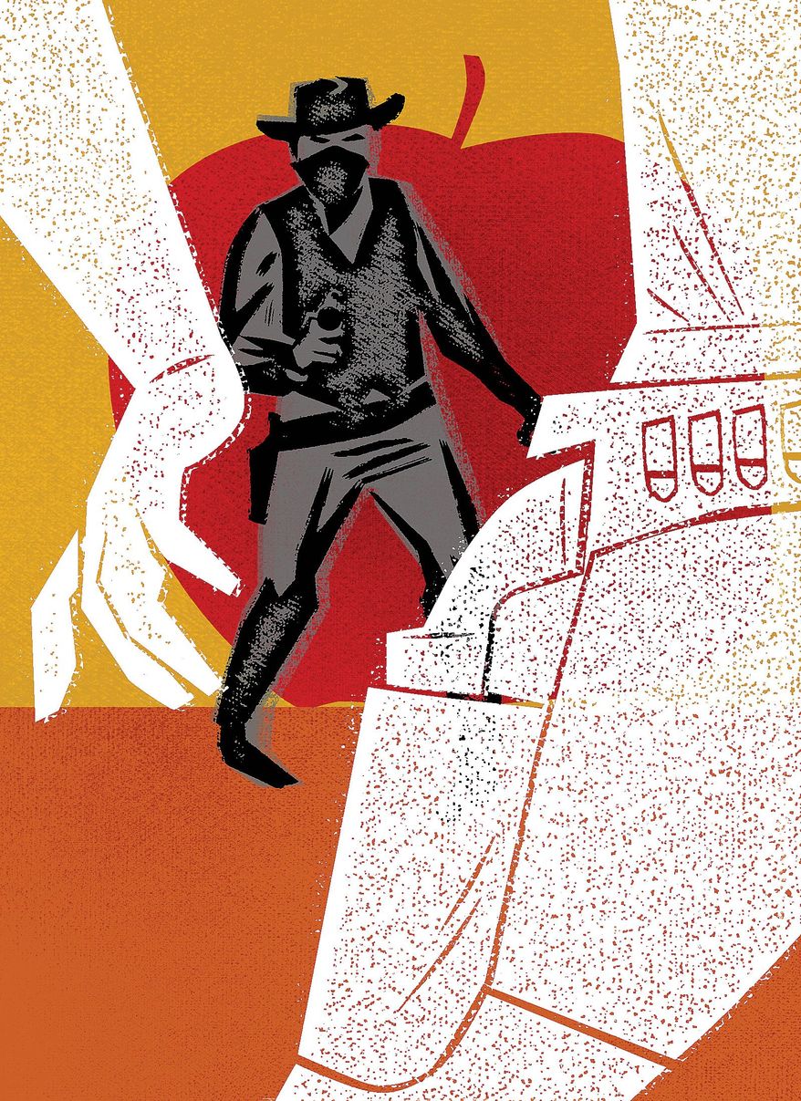 Illustration on the positives of armed personnel protecting schools by Linas Garsys/The Washington Times