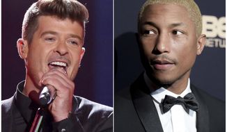 In this combination photo, Robin Thicke performs at the Teen Choice Awards in Los Angeles on Aug. 16, 2015, left, and Pharrell Williams attends the 2016 ABFF Awards: A Celebration of Hollywood in Beverly Hills, Calif., on  Feb. 21, 2016. A federal appeals court has ruled refused to overturn a copyright infringement verdict against Thicke and Williams over the 2013 hit song “Blurred Lines.” In a split decision from a three-judge panel, the 9th U.S. Circuit Court of Appeal on Wednesday upheld a verdict awarding $5.3 million to the family of Marvin Gaye, who said “Blurred Lines” illegally copied from the late soul singer’s “Got to Give it Up.” (Photo by Matt Sayles/Invision/AP, File)