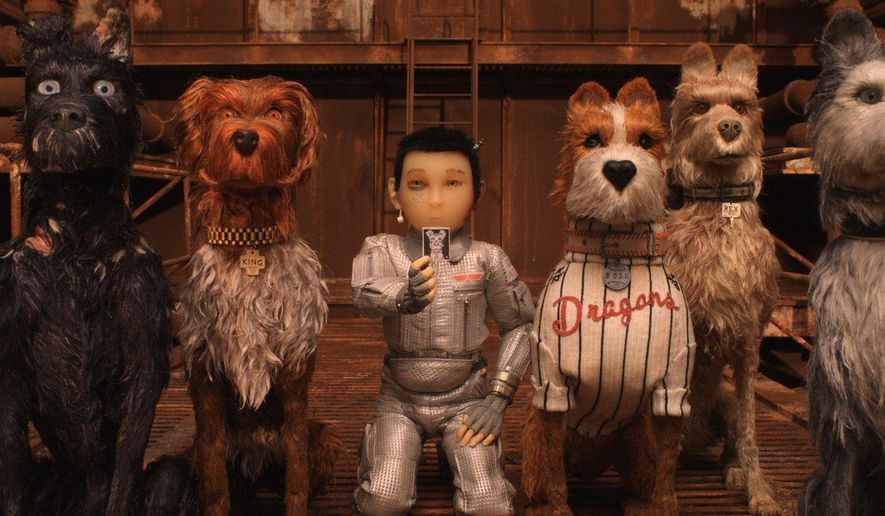 This image released by Fox Searchlight Pictures shows characters, from left, Chief, voiced by Bryan Cranston, King, voiced by Bob Balaban, Atari Kobayashi, voiced Koyu Rankin, Boss, voiced by Bill Murray, Rex, voiced by Edward Norton, And Duke, voiced by Jeff Goldblum, in a scene from "Isle of Dogs." (Fox Searchlight via AP)Koyu Rankin