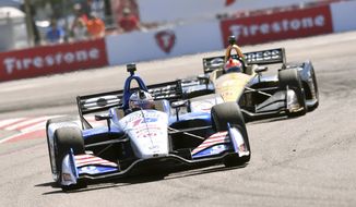 Graham Rahal (15) races into turn two before finishing second in the IndyCar Firestone Grand Prix of St. Petersburg Sunday, March 11, 2018, in St. Petersburg, Fla. (AP Photo/Jason Behnken)