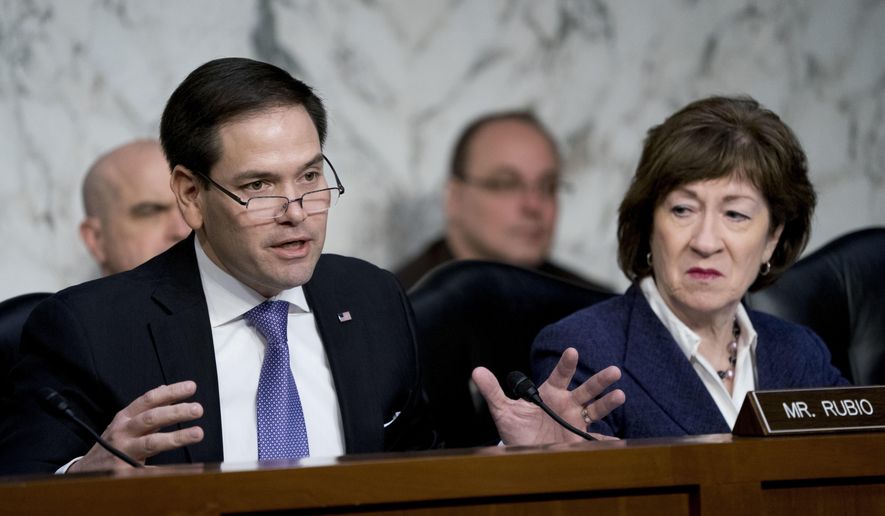 Sen. Marco Rubio, R-Fla., left, accompanied by Sen. Susan Collins, R-Maine, right, speaks as Homeland Security Secretary Kirstjen Nielsen and former Homeland Security Secretary Jeh Johnson appear before a Senate Intelligence Committee hearing on election security on Capitol Hill in Washington, Wednesday, March 21, 2018. (AP Photo/Andrew Harnik)