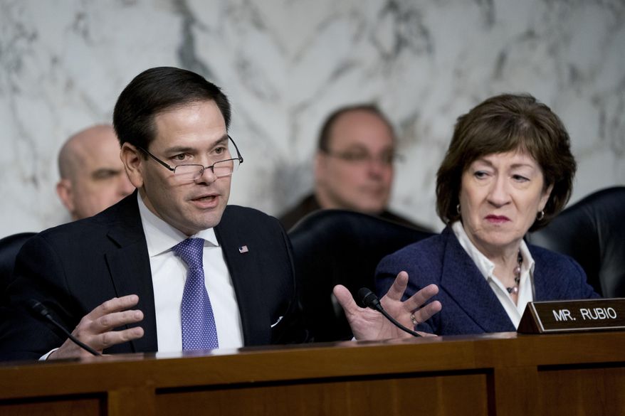 Sen. Marco Rubio, R-Fla., left, accompanied by Sen. Susan Collins, R-Maine, right, speaks as Homeland Security Secretary Kirstjen Nielsen and former Homeland Security Secretary Jeh Johnson appear before a Senate Intelligence Committee hearing on election security on Capitol Hill in Washington, Wednesday, March 21, 2018. (AP Photo/Andrew Harnik)