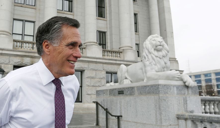Former Republican presidential nominee Mitt Romney leaves the Utah State Capitol after declaring his candidacy for the  U.S. Senate Thursday, March 15, 2018, in Salt Lake City. (AP Photo/Rick Bowmer)
