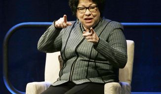 FILE - In this Feb. 7, 2018, file photo, Supreme Court Justice Sonia Sotomayor speaks during an appearance at Brown University in Providence, R.I. Sotomayor was only following the lead of her chief during Tuesday’s arguments over crisis pregnancy centers when she said she visited the website of one of the centers involved in the Supreme Court case.  When Chief Justice John Roberts did something similar seven years ago, no one uttered a peep. But after Sotomayor’s comment, Justice Anthony Kennedy piped up. “Well, in this case I didn&#x27;t go beyond the record to look on the Internet because I don&#x27;t think we should do that,” Kennedy said. (AP Photo/Stephan Savoia, File)
