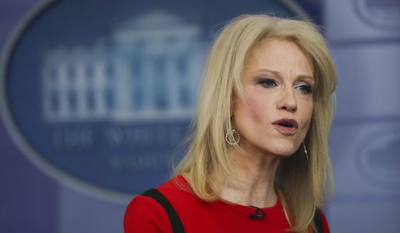 Counselor to the President Kellyanne Conway speaks during her interview with CNN in the White House Press Brady Press Briefing Room, Friday, March 23, 2018 in Washington. (AP Photo/Pablo Martinez Monsivais)
