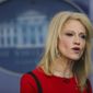 Counselor to the President Kellyanne Conway speaks during her interview with CNN in the White House Press Brady Press Briefing Room, Friday, March 23, 2018 in Washington. (AP Photo/Pablo Martinez Monsivais)