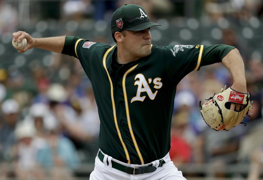 Oakland Athletics starting pitcher Andrew Triggs throws against the Colorado Rockies during the first inning of a spring baseball game in Mesa, Ariz., Thursday, March 22, 2018. (AP Photo/Chris Carlson)