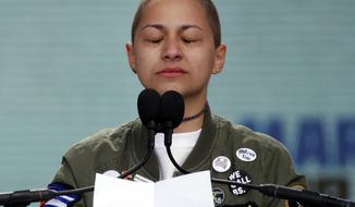 Emma Gonzalez, a survivor of the mass shooting at Marjory Stoneman Douglas High School in Parkland, Fla., closes her eyes and cries as she stands silently at the podium for the amount of time it took the Parkland shooter to go on his killing spree during the &amp;quot;March for Our Lives&amp;quot; rally in support of gun control in Washington, Saturday, March 24, 2018. (AP Photo/Alex Brandon)