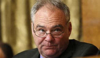 Sen. Tim Kaine, D-Va., listens as Congressional Budget Office Director Keith Hall testifies at a Senate Budget Committee oversight hearing, Wednesday, Jan. 24, 2018, on Capitol Hill in Washington. (AP Photo/Jacquelyn Martin) ** FILE **