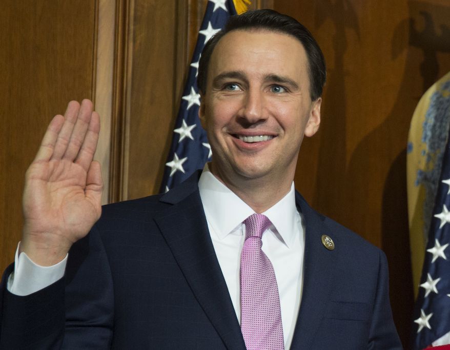 In this Tuesday, Jan. 3, 2017, file photo, U.S. Rep. Ryan Costello, R-Pa., participates in a mock swearing-in ceremony on Capitol Hill in Washington. Costello announced on Sunday, March 25, 2018, that he would not be seeking re-election, ending weeks of speculation about his future and boosting Democratic hopes of winning his House seat. (AP Photo/Zach Gibson, File)