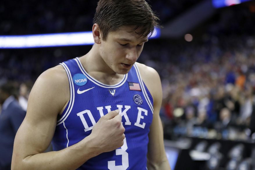 Duke&#39;s Grayson Allen walks off the court after a regional final game against Kansas in the NCAA men&#39;s college basketball tournament Sunday, March 25, 2018, in Omaha, Neb. Kansas won 85-81 in overtime. (AP Photo/Nati Harnik)
