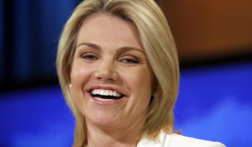 FILE - In this Aug. 9, 2017, file photo, State Department spokeswoman Heather Nauert speaks during a briefing at the State Department in Washington. President Donald Trump’s favorite TV network is increasingly serving as a West Wing casting couch, as he remakes his administration with camera-ready personalities. Another faces on Trump’s team: Nauert, a former Fox News anchor. (AP Photo/Alex Brandon, File)