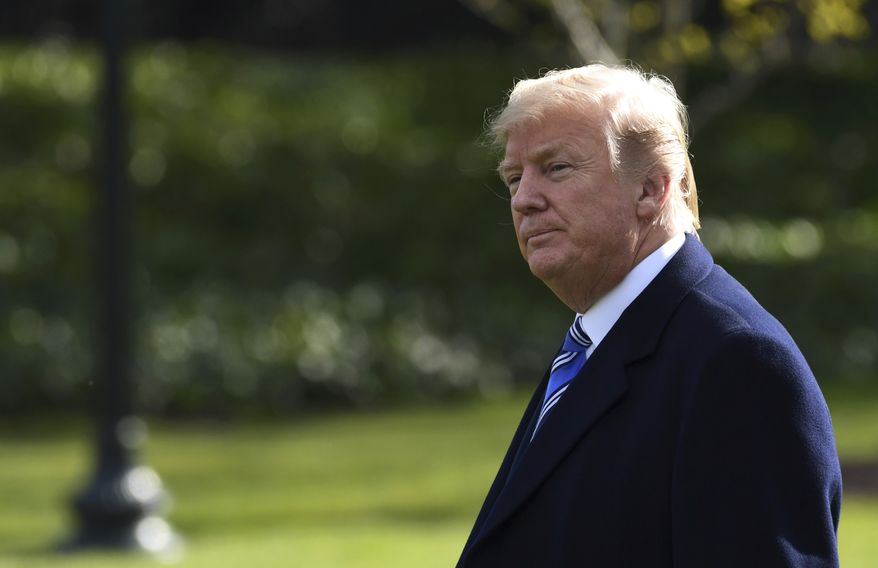 FILE - In this March 23, 2018, file photo, President Donald Trump walks across the South Lawn of the White House in Washington, as he heads to Marine One for a short trip to Andrews Air Force Base. Looking to get ahead in Trump&#39;s Washington? Borrow his media playbook. With suggestive statements, cryptic tweets, provocative lawsuits and must-see television interviews, Trump’s political foils are using some of his own tactics to grab - and keep - the spotlight. (AP Photo/Susan Walsh, File)