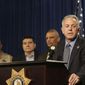 Sheriff Joe Lombardo, right, stands with Deputy Chief Christopher Darcy, left, Lieutenant John Leon and Captain Robert Plummer to discuss details of a multiple murder investigation that is suspected to be gang related, during a press conference at Las Vegas Metropolitan Police Department Headquarters on Monday, March 25, 2018. Police in Las Vegas declared Monday that the recent arrests of five people with ties to the hyper-violent MS-13 street gang broke up a murderous ring responsible for 10 slayings within the last year. (Michael Quine/Las Vegas Review-Journal via AP)