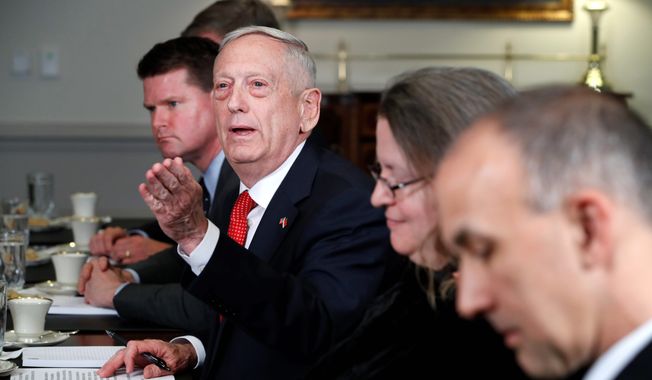Secretary of Defense Jim Mattis answers a question from a reporter during his meeting with Indonesia&#x27;s Minister of Foreign Affairs Retno Marsudi, Monday, March 26, 2018, at the Pentagon. (AP Photo/Jacquelyn Martin) ** FILE **
