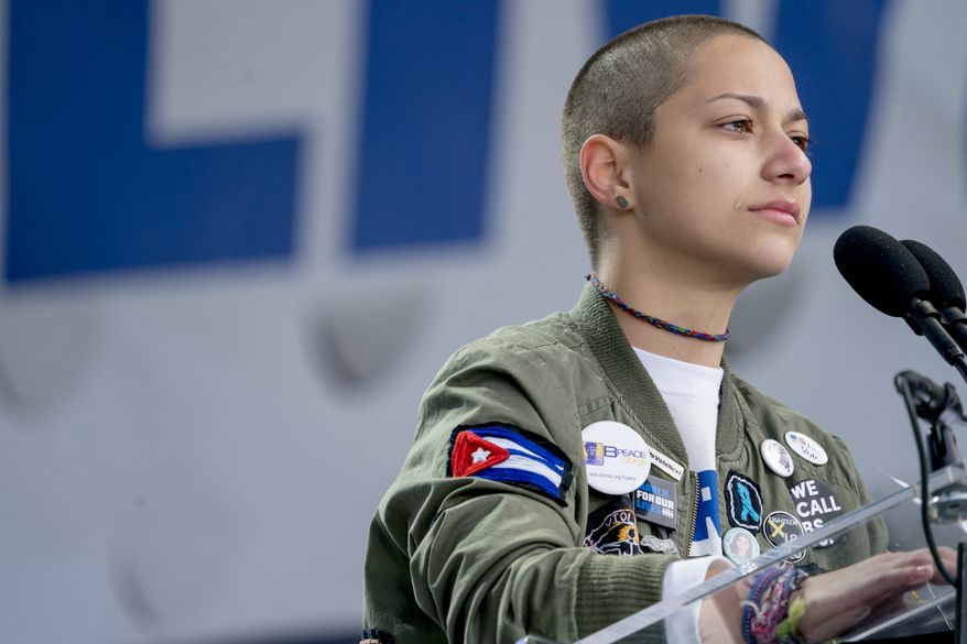 Emma Gonzalez, a survivor of the mass shooting at Marjory Stoneman Douglas High School in Parkland, Fla., closes her eyes and cries as she stands silently at the podium for the amount of time it took the Parkland shooter to go on his killing spree during the "March for Our Lives" rally in support of gun control in Washington, Saturday, March 24, 2018. (AP Photo/Andrew Harnik)