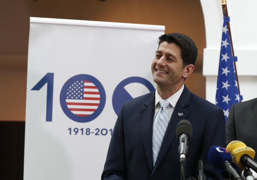 U.S. House of Representatives Speaker Paul Ryan addresses media at the Czech Republic's Parliament in Prague, Czech Republic, Tuesday, March 27, 2018. (AP Photo/Petr David Josek) ** FILE **