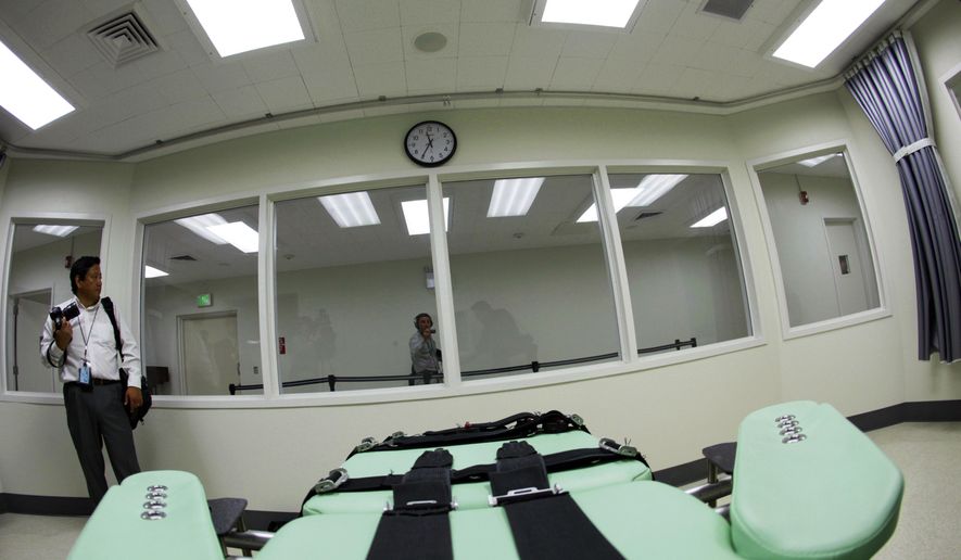 FILE - This Sept. 21, 2010 file photo shows the interior of the lethal injection facility at San Quentin State Prison in San Quentin, Calif. The battle over California's voter-backed effort to resume executions is beginning in earnest, with state officials and death penalty supporters moving to end court orders that have blocked executions since 2006. State officials and a former NFL player whose family was murdered are asking a Marin County judge on March 28, 2018, to lift his injunction, arguing that California now has the necessary regulations switching to a single lethal dose of powerful barbiturates to execute condemned inmates. (AP Photo/Eric Risberg, File)