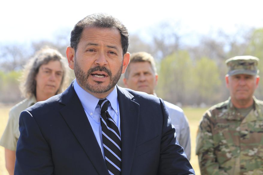 New Mexico Lt. Gov. John Sanchez discusses the potential for a severe fire season across the state as dry conditions persist and spring winds pick up during a news conference in Albuquerque, N.M., on Tuesday, March 27, 2018. Sanchez was joined by dozens of state and federal land managers and municipal officials as he warned residents to be prepared for the wildfire season. (AP Photo/Susan Montoya Bryan)