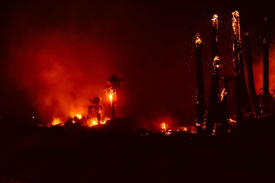 This Monday, March 26, 2018 photo provided by Steve Raines shows a fire that broke out at Joshua Tree National Park, damaging a historical landmark. The National Park Service says the fire that broke out late Monday damaged the Oasis of Mara, a site settled by Native Americans who planted the 29 palm trees that inspired the name of the city of Twentynine Palms. (Steve Raines Photography via AP)