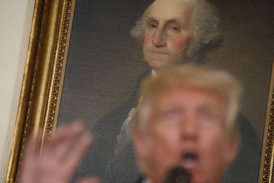 A portrait of George Washington hangs behind President Donald Trump as he speaks about the deadly white nationalist rally in Charlottesville, Va., Monday, Aug. 14, 2017, in the Diplomatic Room of the White House in Washington. (AP Photo/Evan Vucci)
