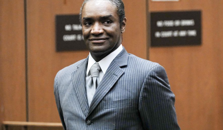 Terry Bryant appears during a hearing in Los Angeles Superior Court, Wednesday, March 28, 2018, in Los Angeles. Bryant, who is charged with stealing Frances McDormand's Oscar statuette at an Academy Awards after-party, appeared in court but the quick resolution to the case that was expected did not emerge. (AP Photo/Richard Vogel)